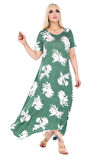 Melsay Butik Yeşil Beyaz Yaprak Desen Asimetrik Kısa Kollu Elbise
