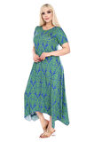 Melsay Butik Yeşil Dantel Desen Asimetrik Kısa Kollu Elbise