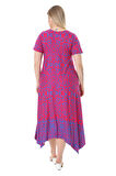 Melsay Butik Pembe Mavi Kilim Desen Asimetrik Kısa Kollu Elbise