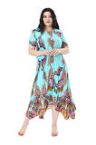 Melsay Butik Turkuaz Renkli Şal Desen Asimetrik Kısa Kollu Elbise