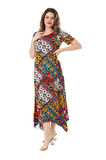 Melsay Butik Sarı Patchwork Desen Asimetrik Kısa Kollu Elbise