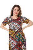 Melsay Butik Sarı Patchwork Desen Asimetrik Kısa Kollu Elbise