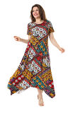 Melsay Butik Sarı Patchwork Desen Asimetrik Kısa Kollu Elbise