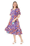 Melsay Butik Fırfırlı Cepli Kısa Kollu Mor Retro Desenli Elbise