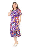 Melsay Butik Fırfırlı Cepli Kısa Kollu Mor Retro Desenli Elbise