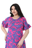 Melsay Butik Kısa Kollu Fırfırlı Cepli Pembe Mavi Mercan Desenli Midi Elbise