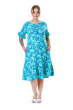 Melsay Butik Kısa Kollu Fırfırlı Cepli Turkuaz Mercan Desenli Midi Elbise