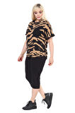Melsay Butik Siyah Zebra Desen Çapraz Cep Detaylı Kapri Takım