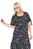 Melsay Butik Siyah Çiçek Desen Kolları Bağlamalı Kısa Kollu Kadın Midi Elbise
