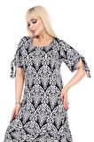 Melsay Butik Kolları Bağlamalı Kısa Kollu Beyaz Dantel Desen Midi Elbise