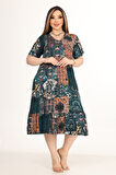 Melsay Butik Göğüsten Robalı V Yaka Kısa Kollu Yeşil Etnik Desenli Cepli Elbise