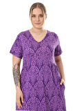 Melsay Butik Göğüsten Robalı V Yaka Kısa Kollu Mor Dantel Desenli Cepli Elbise