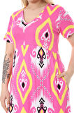 Melsay Butik Göğüsten Robalı V Yaka Kısa Kollu Pembe Motif Desenli Cepli Elbise
