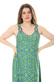Melsay Butik Yeşil Mavi Kilim Desen Askılı V Yaka Elbise