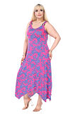 Melsay Butik Pembe Mavi Mercan Desen Askılı V Yaka Elbise