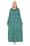 Melsay Butik Yeşil Dantel Desen Uzun Kollu Kadın Tesettür Elbise