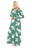 Melsay Butik Yeşil Beyaz Yaprak Desen Uzun Kollu Kadın Tesettür Elbise