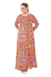 Melsay Butik Turuncu Retro Desen Uzun Kollu Kadın Elbise
