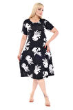 Melsay Butik Siyah Beyaz Yaprak Desen Kısa Kollu Büyük Beden Midi Elbise