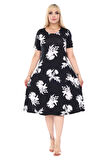 Melsay Butik Siyah Beyaz Yaprak Desen Kısa Kollu Büyük Beden Midi Elbise