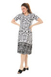 Melsay Butik Beyaz Kilim Desen Kısa Kollu Büyük Beden Midi Elbise