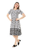 Melsay Butik Beyaz Kilim Desen Kısa Kollu Büyük Beden Midi Elbise