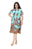 Melsay Butik Turkuaz Şal Desen Kısa Kollu Büyük Beden Midi Elbise