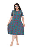 Melsay Butik Mavi Kırmızı Mercan Desen Kısa Kollu Midi Elbise