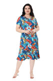 Melsay Butik Mavi Afrika Desen Kısa Kollu Midi Elbise