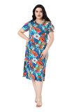 Melsay Butik Mavi Afrika Desen Kısa Kollu Midi Elbise