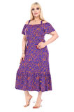 Melsay Mor Çiçek Desen Madonna Yaka Askılı Midi Elbise
