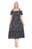 Melsay Siyah Çiçek Desen Madonna Yaka Askılı Midi Elbise