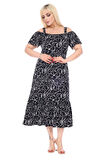 Melsay Siyah Çiçek Desen Madonna Yaka Askılı Midi Elbise
