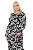 Melsay Butik Beyaz Mercan Desen Uzun Kollu Cepli Uzun Elbise