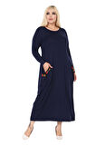 Melsay Butik Püsküllü Cepli Kadın Uzun Kollu Lacivert Tesettür Elbise