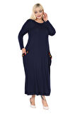 Melsay Butik Püsküllü Cepli Kadın Uzun Kollu Lacivert Tesettür Elbise