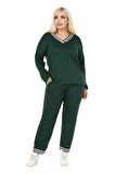 Melsay Butik Zümrüt Yeşili V Yaka Yakası Şerit Detaylı Eşofman Takımı