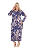 Melsay Butik Mavi Batik Uzun Kollu Cepli Uzun Elbise