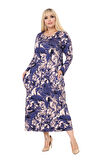 Melsay Butik Mavi Batik Uzun Kollu Cepli Uzun Elbise