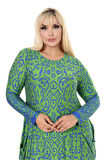 Melsay Butik Yeşil Mavi Kilim Desen Uzun Kollu Cepli Uzun Elbise
