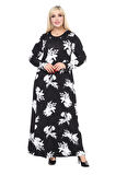 Melsay Butik Yumoş Kumaş Siyah Beyaz Yaprak Desen Uzun Kollu Kadın Tesettür Elbise
