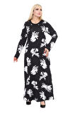 Melsay Butik Yumoş Kumaş Siyah Beyaz Yaprak Desen Uzun Kollu Kadın Tesettür Elbise