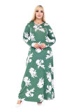 Melsay Butik Yumoş Kumaş Yeşil Beyaz Yaprak Desen Uzun Kollu Kadın Tesettür Elbise