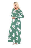 Melsay Butik Yumoş Kumaş Yeşil Beyaz Yaprak Desen Uzun Kollu Kadın Tesettür Elbise