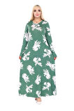 Melsay Butik Yumoş Kumaş Yeşil Beyaz Yaprak Desen Uzun Kollu Kadın Tesettür Elbise