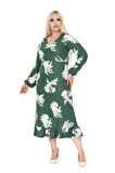 Melsay Butik Kışlık Yumoş Kumaş Kruvaze Yaka Yeşil Beyaz Yaprak Desen Eteği Fırfırlı Midi Elbise