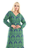 Melsay Butik Yumoş Kumaş Yeşil Dantel Desen Uzun Kollu Kadın Tesettür Elbise