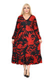 Melsay Butik Kışlık Robalı Yumoş Uzun Kollu Kırmızı Yaprak Desenli Cepli Elbise
