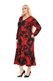 Melsay Butik Kışlık Robalı Yumoş Uzun Kollu Kırmızı Yaprak Desenli Cepli Elbise