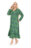 Melsay Butik Kışlık Robalı Yumoş Uzun Kollu Yeşil Dantel Desenli Elbise